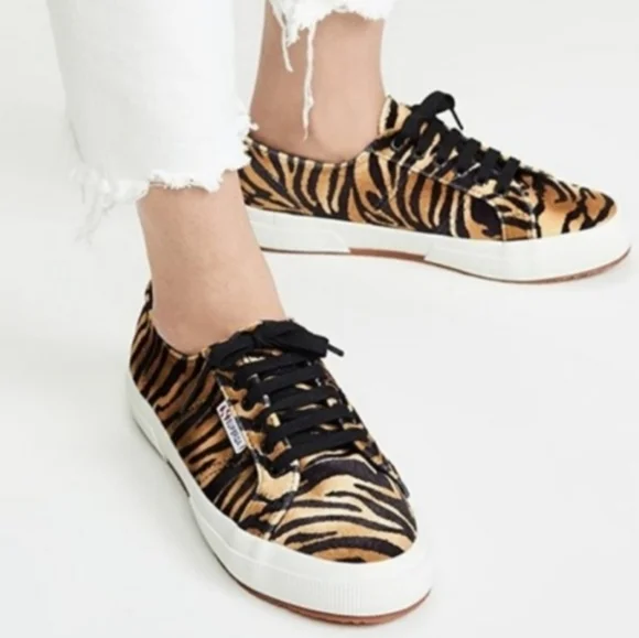 Superga 2750 Fanvelw Velvet Cognac Zebra Animal Print Sneakers Lace Up Size 8 - Picture 1 of 13